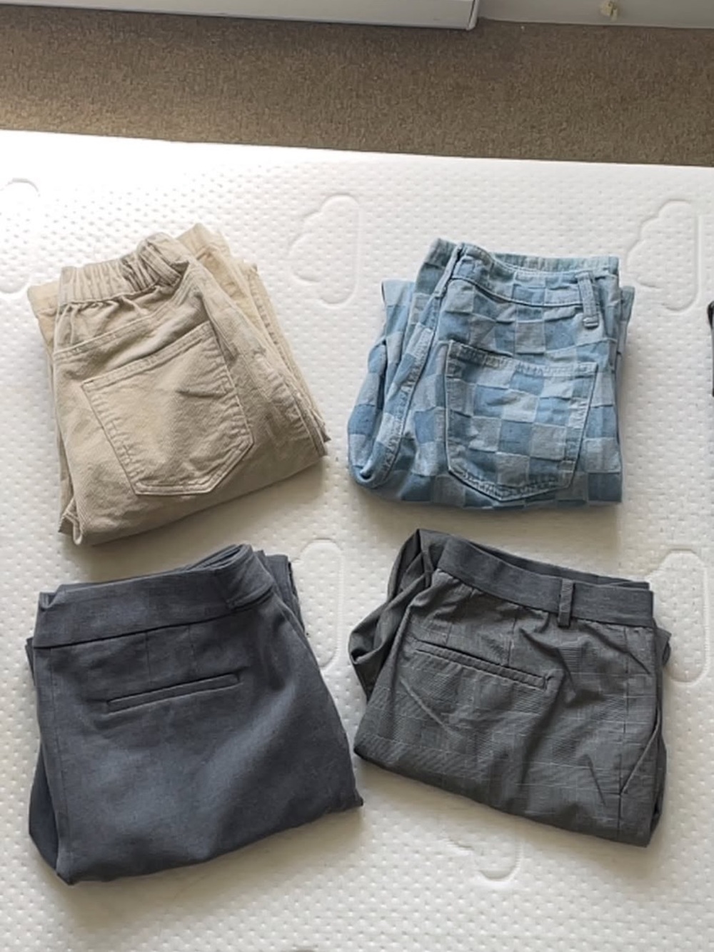 Mixed Lot of Four Folded Pants - Light Blue, Beige, Dark Gray, Charcoal Bundle